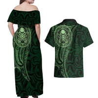 New Zealand Skull Darts Couples Matching Off Shoulder Maxi Dress and Hawaiian Shirt Aotearoa Maori Chest Tattoo Stylized Green - Polynesian Pride