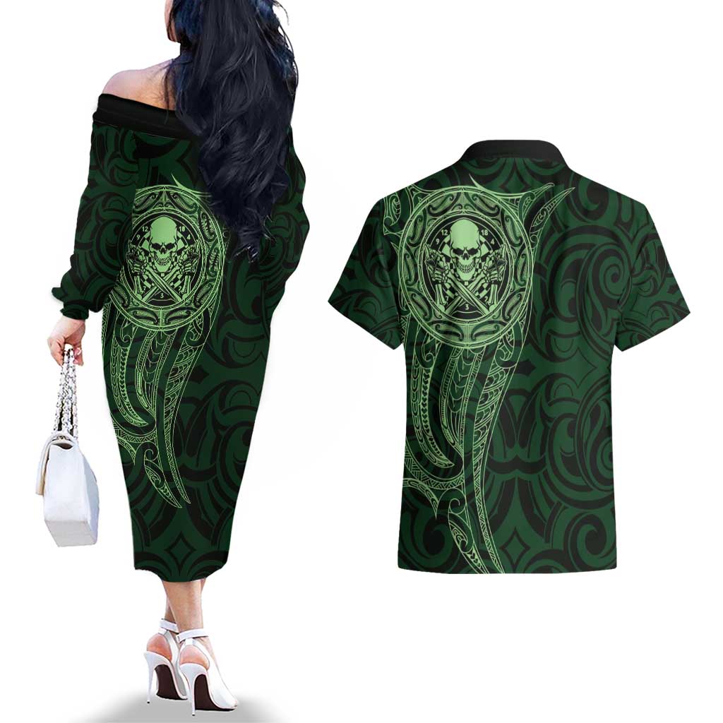 New Zealand Skull Darts Couples Matching Off The Shoulder Long Sleeve Dress and Hawaiian Shirt Aotearoa Maori Chest Tattoo Stylized Green - Polynesian Pride
