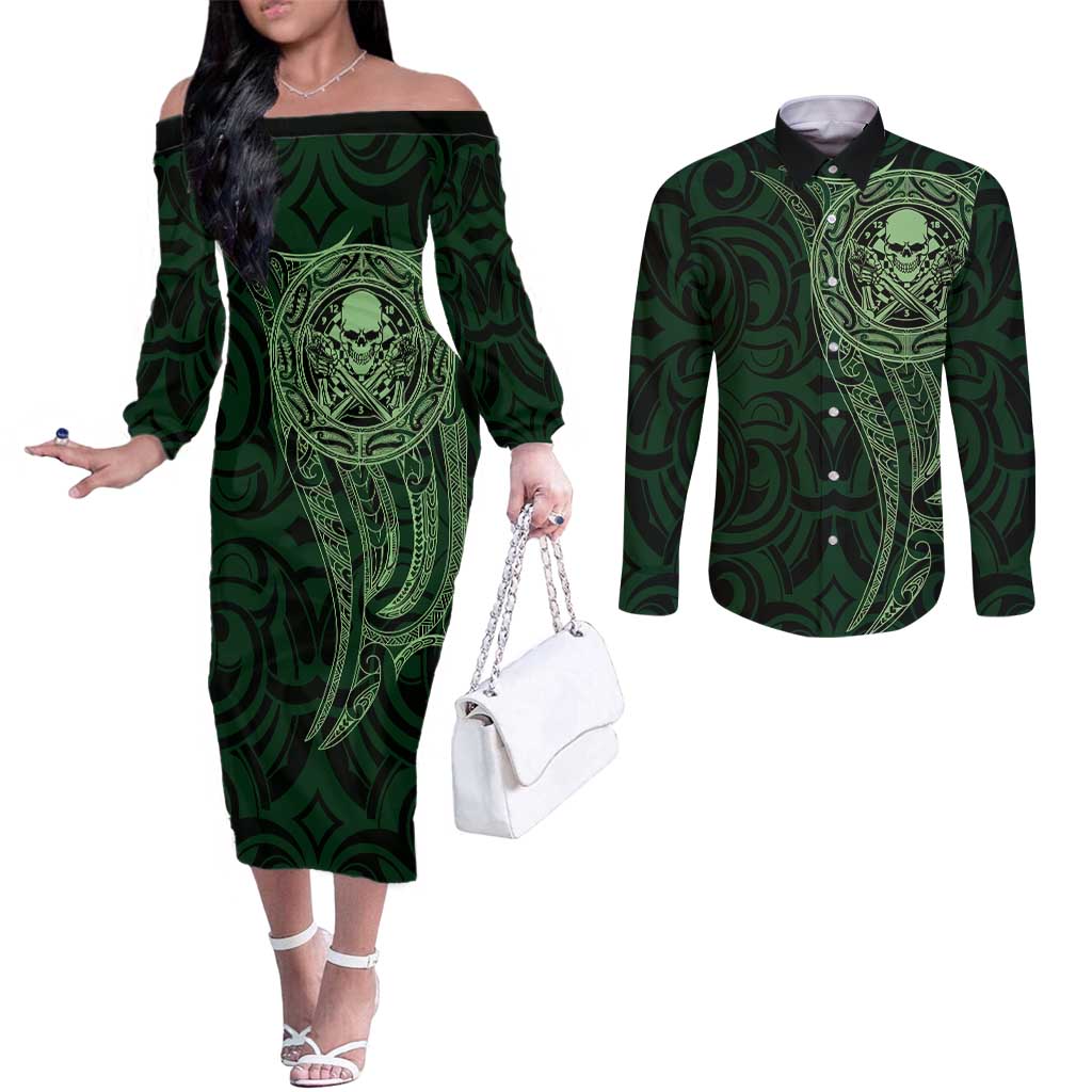 New Zealand Skull Darts Couples Matching Off The Shoulder Long Sleeve Dress and Long Sleeve Button Shirt Aotearoa Maori Chest Tattoo Stylized Green - Polynesian Pride