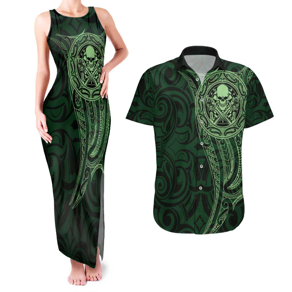 New Zealand Skull Darts Couples Matching Tank Maxi Dress and Hawaiian Shirt Aotearoa Maori Chest Tattoo Stylized Green - Polynesian Pride