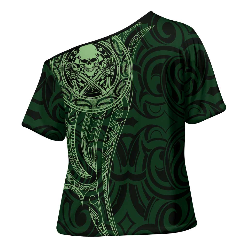 New Zealand Skull Darts Cross Shoulder Shirt Aotearoa Maori Chest Tattoo Stylized Green - Polynesian Pride