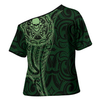 New Zealand Skull Darts Cross Shoulder Shirt Aotearoa Maori Chest Tattoo Stylized Green - Polynesian Pride