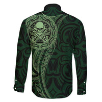 New Zealand Skull Darts Family Matching Long Sleeve Bodycon Dress and Hawaiian Shirt Aotearoa Maori Chest Tattoo Stylized Green - Polynesian Pride