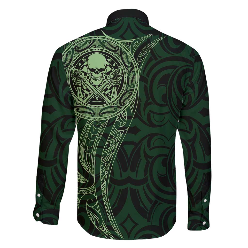 New Zealand Skull Darts Family Matching Mermaid Dress and Hawaiian Shirt Aotearoa Maori Chest Tattoo Stylized Green - Polynesian Pride