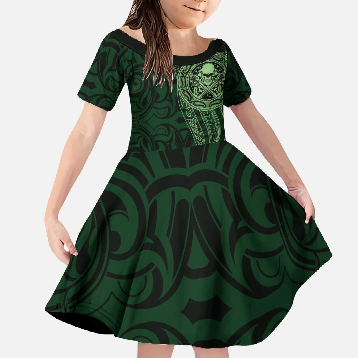 New Zealand Skull Darts Family Matching Off The Shoulder Long Sleeve Dress and Hawaiian Shirt Aotearoa Maori Chest Tattoo Stylized Green - Polynesian Pride