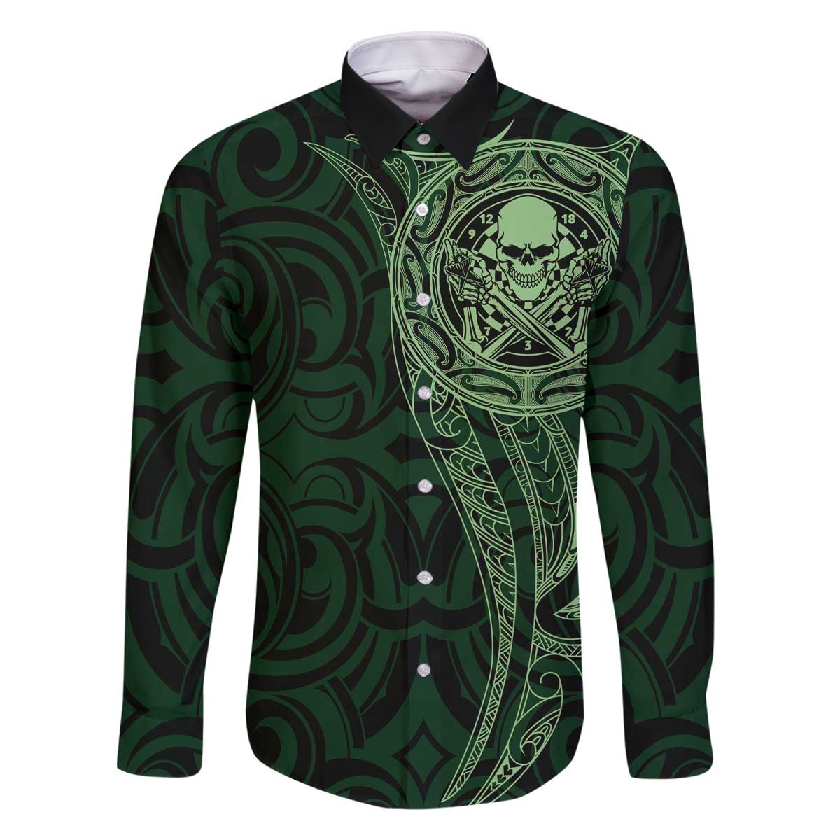 New Zealand Skull Darts Family Matching Off The Shoulder Long Sleeve Dress and Hawaiian Shirt Aotearoa Maori Chest Tattoo Stylized Green - Polynesian Pride