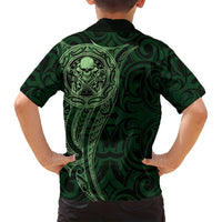 New Zealand Skull Darts Family Matching Off Shoulder Short Dress and Hawaiian Shirt Aotearoa Maori Chest Tattoo Stylized Green - Polynesian Pride