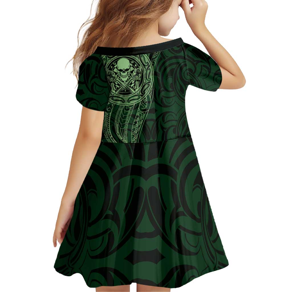 New Zealand Skull Darts Family Matching Off Shoulder Short Dress and Hawaiian Shirt Aotearoa Maori Chest Tattoo Stylized Green - Polynesian Pride