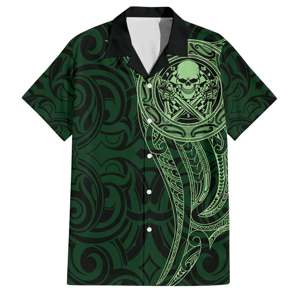 New Zealand Skull Darts Family Matching Off Shoulder Short Dress and Hawaiian Shirt Aotearoa Maori Chest Tattoo Stylized Green - Polynesian Pride