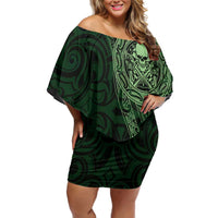 New Zealand Skull Darts Family Matching Off Shoulder Short Dress and Hawaiian Shirt Aotearoa Maori Chest Tattoo Stylized Green - Polynesian Pride