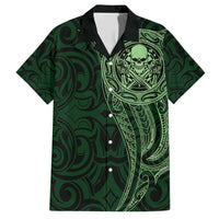 New Zealand Skull Darts Family Matching Short Sleeve Bodycon Dress and Hawaiian Shirt Aotearoa Maori Chest Tattoo Stylized Green - Polynesian Pride