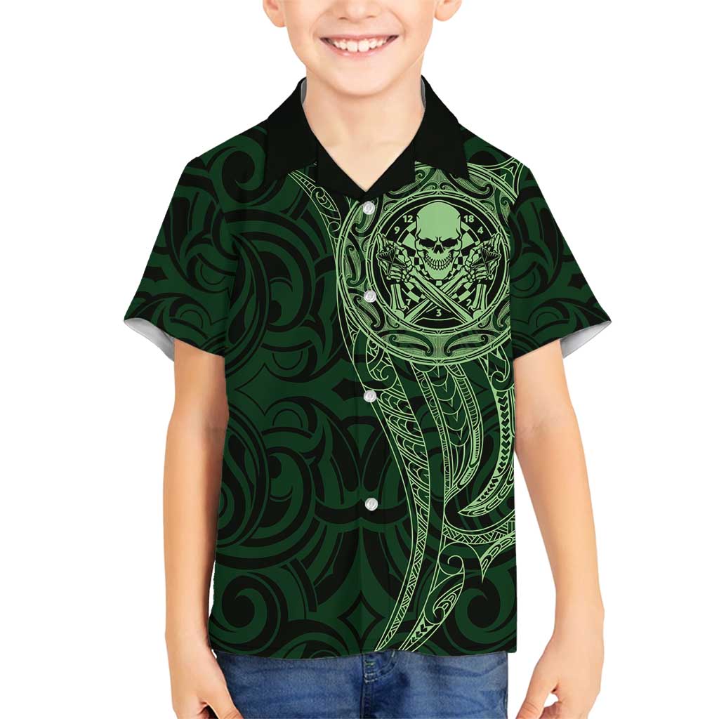 New Zealand Skull Darts Family Matching Summer Maxi Dress and Hawaiian Shirt Aotearoa Maori Chest Tattoo Stylized Green - Polynesian Pride