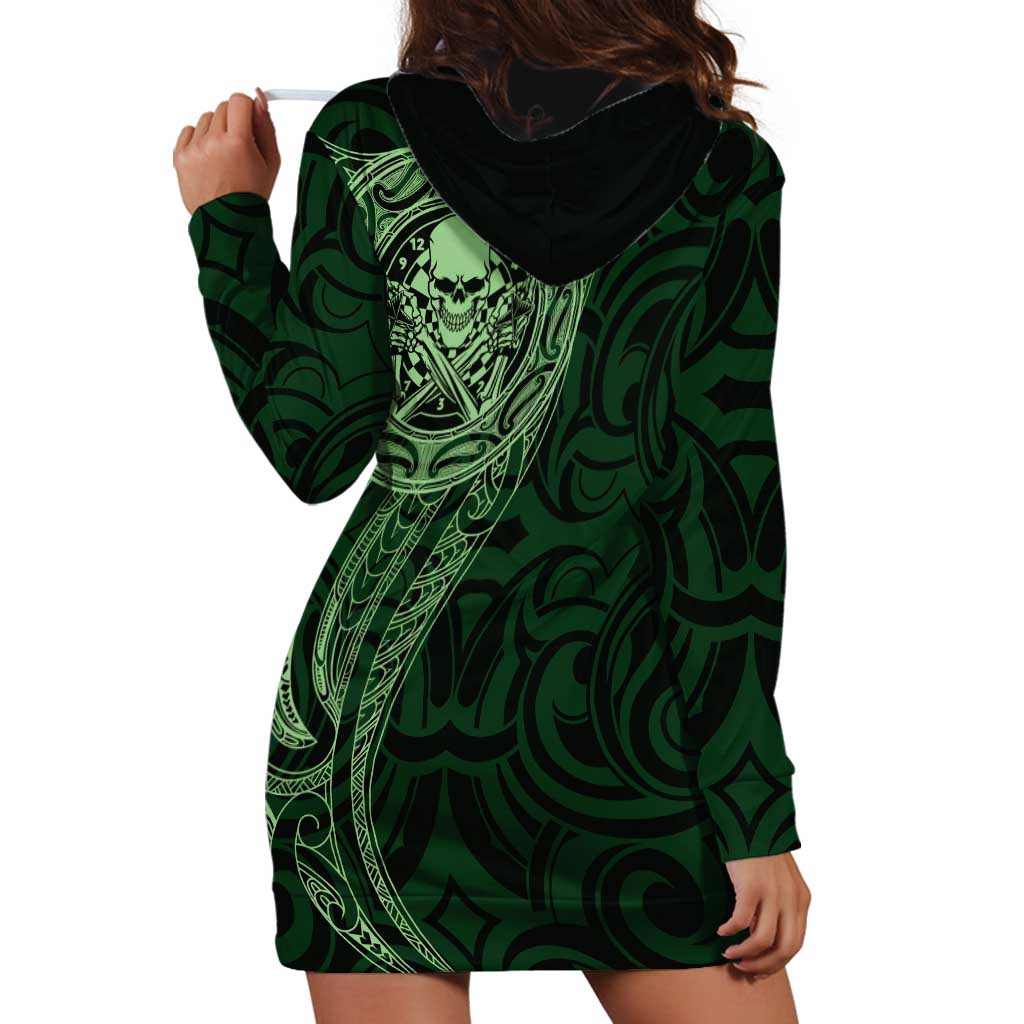 New Zealand Skull Darts Hoodie Dress Aotearoa Maori Chest Tattoo Stylized Green - Polynesian Pride