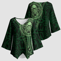 New Zealand Skull Darts Kimono Sleeve Blouse Aotearoa Maori Chest Tattoo Stylized Green - Polynesian Pride