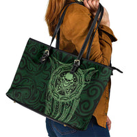 New Zealand Skull Darts Leather Tote Bag Aotearoa Maori Chest Tattoo Stylized Green - Polynesian Pride