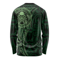 New Zealand Skull Darts Long Sleeve Shirt Aotearoa Maori Chest Tattoo Stylized Green - Polynesian Pride