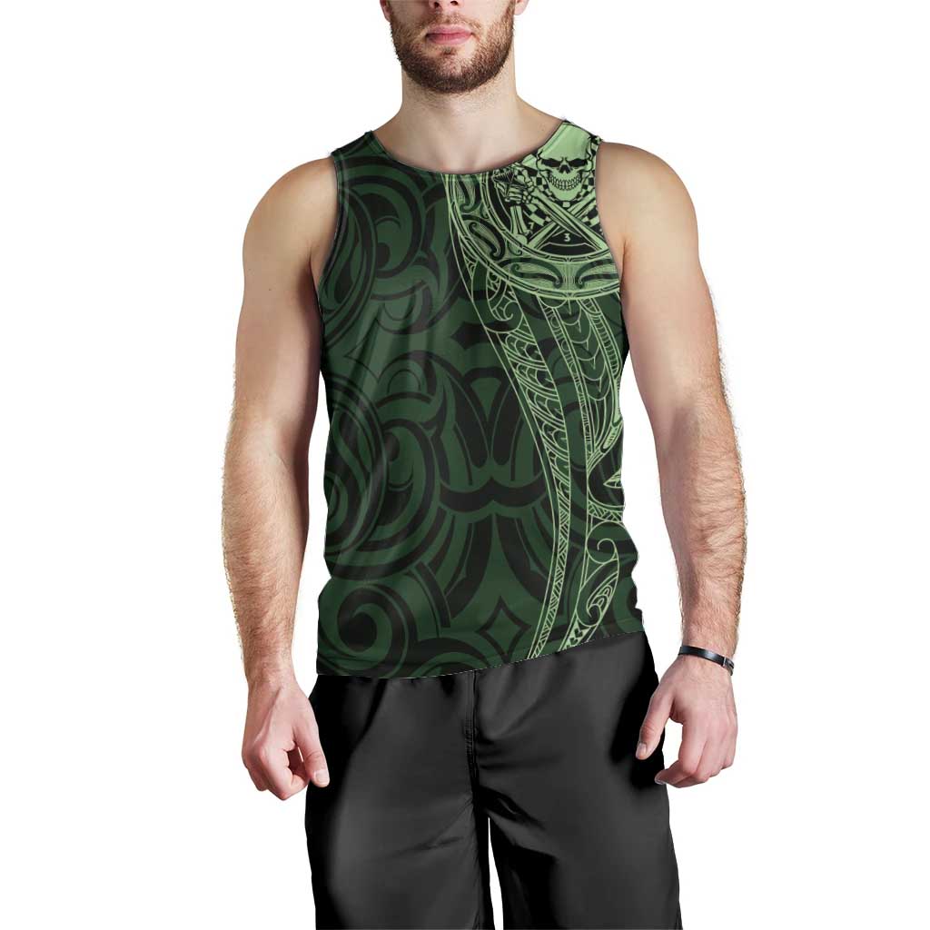 New Zealand Skull Darts Men Tank Top Aotearoa Maori Chest Tattoo Stylized Green - Polynesian Pride