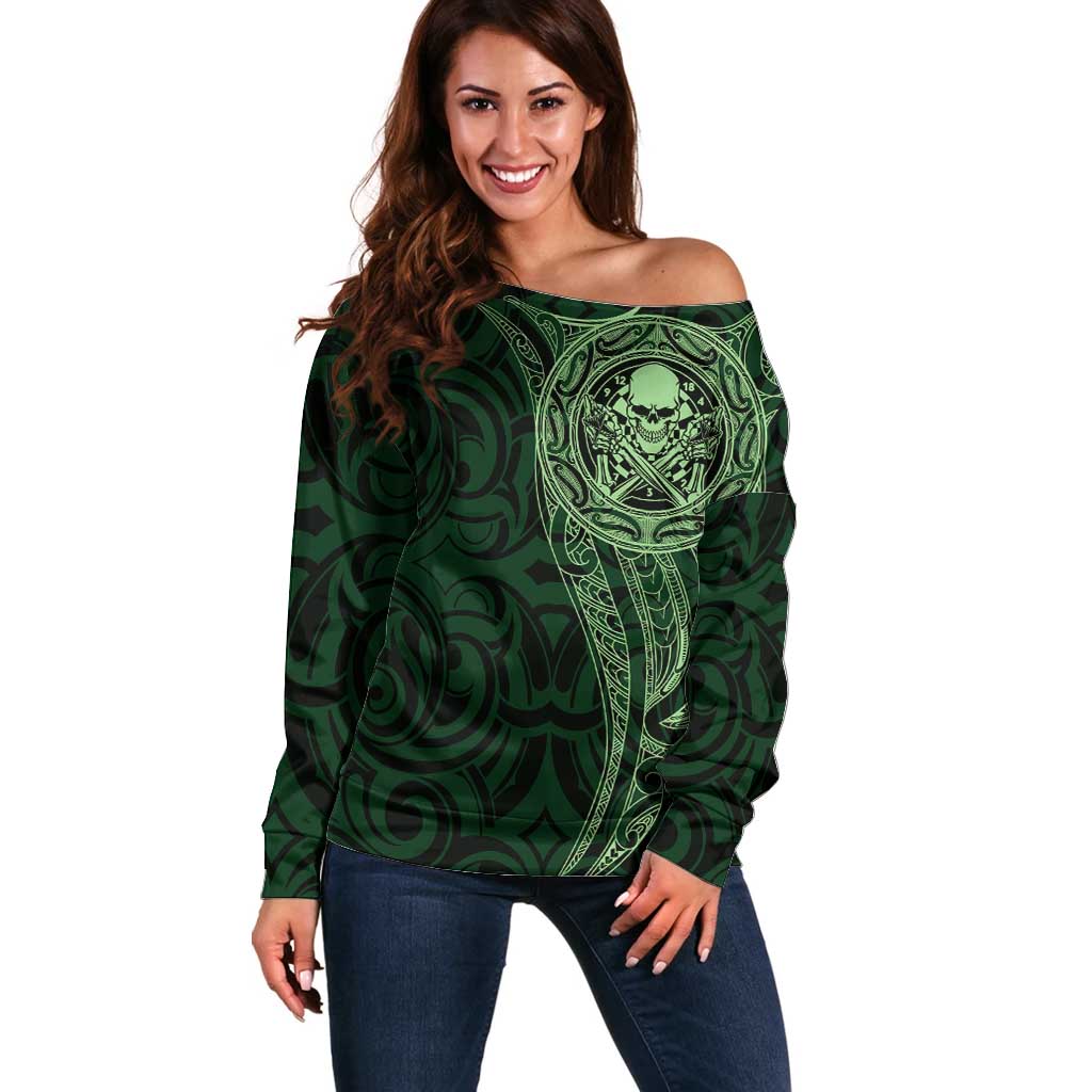 New Zealand Skull Darts Off Shoulder Sweater Aotearoa Maori Chest Tattoo Stylized Green - Polynesian Pride