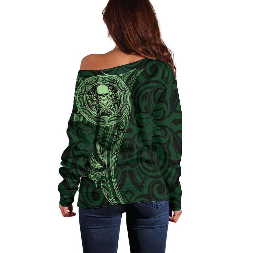 New Zealand Skull Darts Off Shoulder Sweater Aotearoa Maori Chest Tattoo Stylized Green - Polynesian Pride