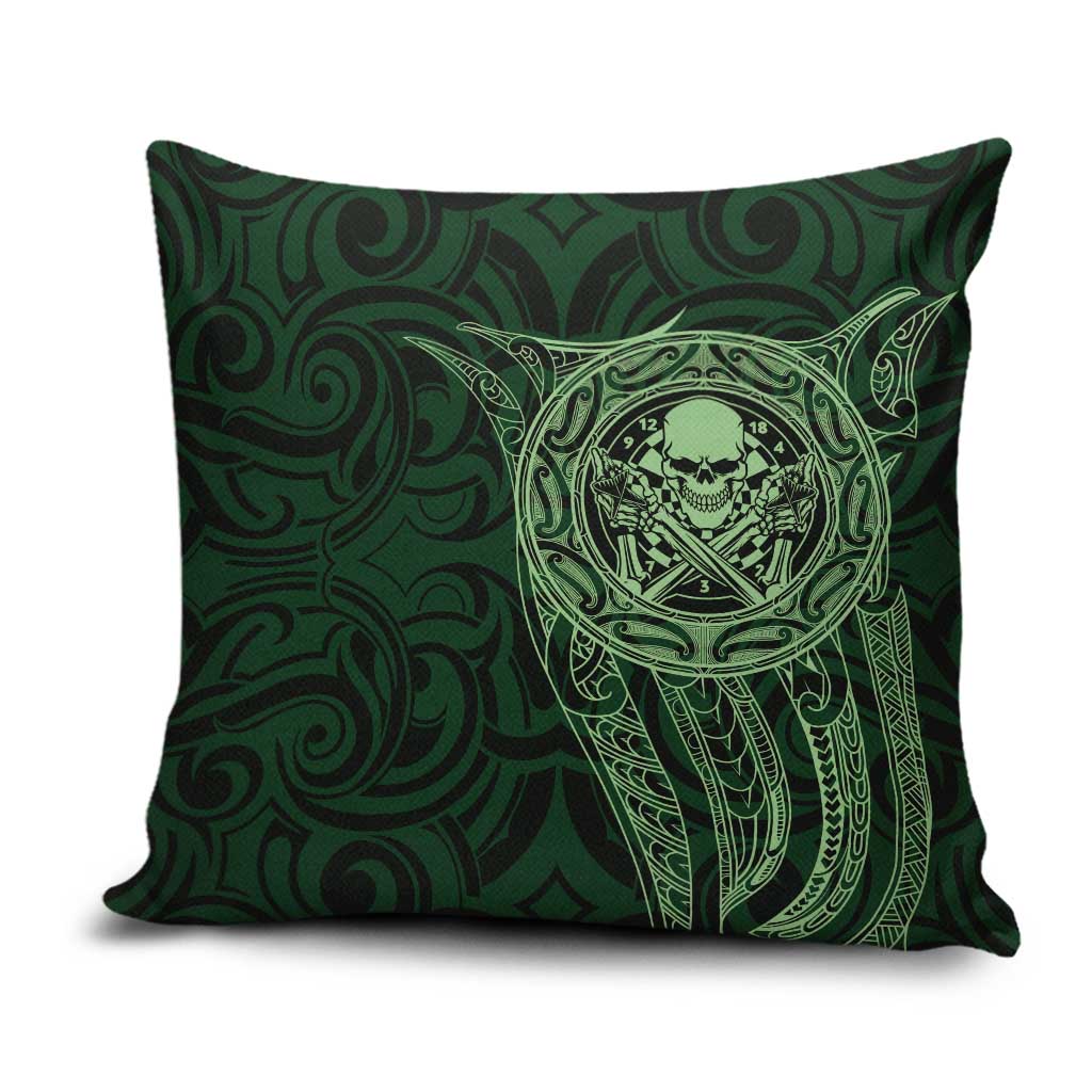New Zealand Skull Darts Pillow Cover Aotearoa Maori Chest Tattoo Stylized Green - Polynesian Pride