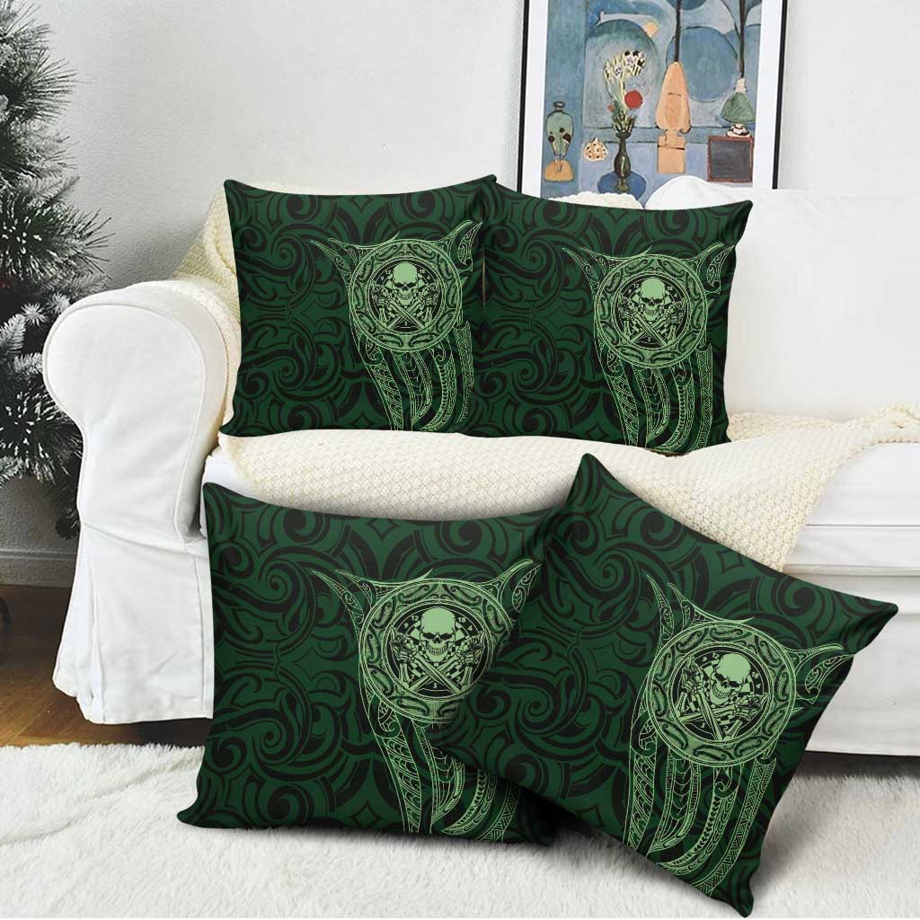 New Zealand Skull Darts Pillow Cover Aotearoa Maori Chest Tattoo Stylized Green - Polynesian Pride