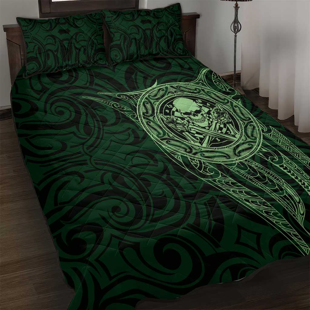 New Zealand Skull Darts Quilt Bed Set Aotearoa Maori Chest Tattoo Stylized Green - Polynesian Pride