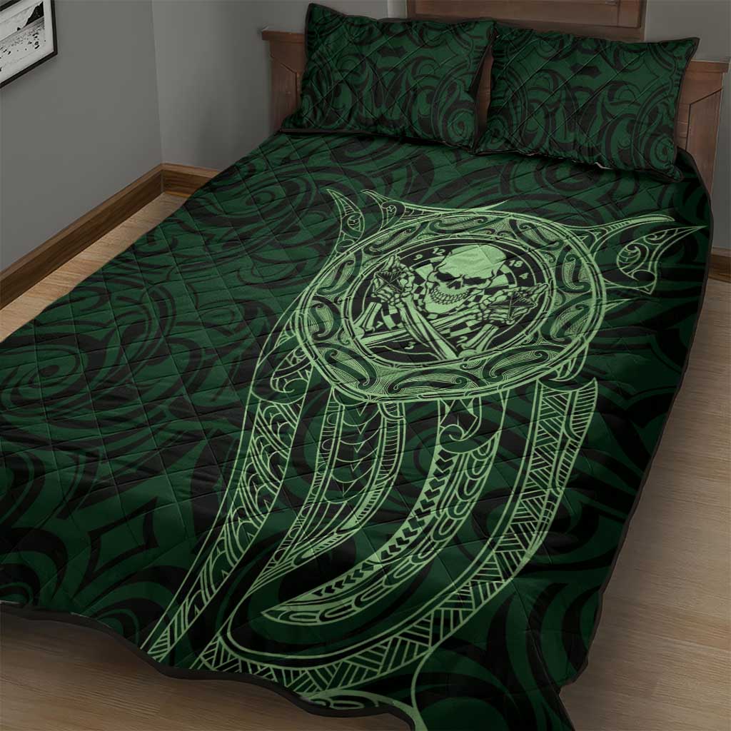 New Zealand Skull Darts Quilt Bed Set Aotearoa Maori Chest Tattoo Stylized Green - Polynesian Pride