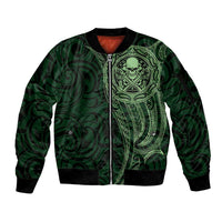New Zealand Skull Darts Sleeve Zip Bomber Jacket Aotearoa Maori Chest Tattoo Stylized Green - Polynesian Pride