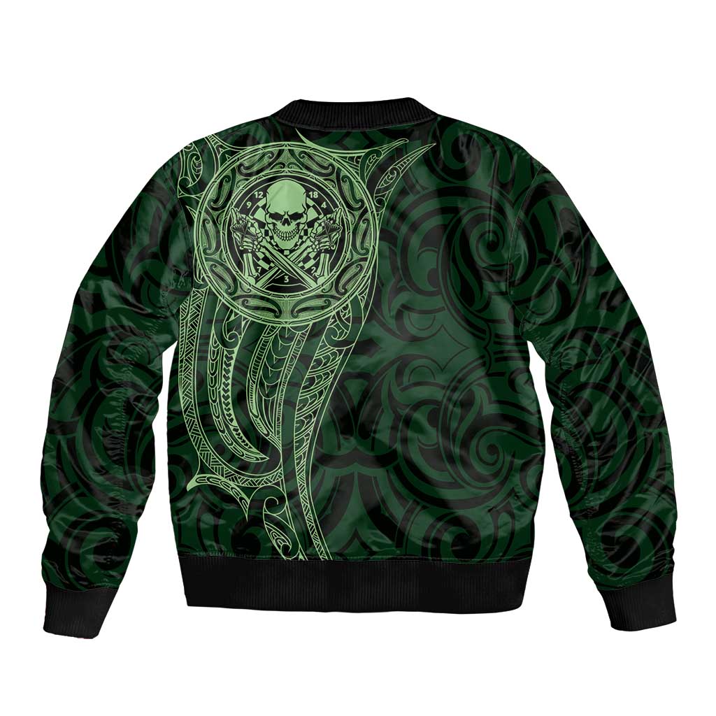 New Zealand Skull Darts Sleeve Zip Bomber Jacket Aotearoa Maori Chest Tattoo Stylized Green - Polynesian Pride