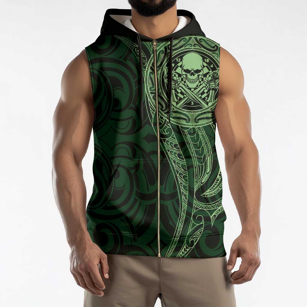 New Zealand Skull Darts Sleeveless Zip Hoodie Aotearoa Maori Chest Tattoo Stylized Green - Polynesian Pride