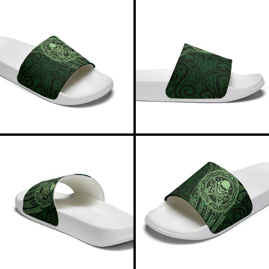 New Zealand Skull Darts Slide Sandals Aotearoa Maori Chest Tattoo Stylized Green - Polynesian Pride