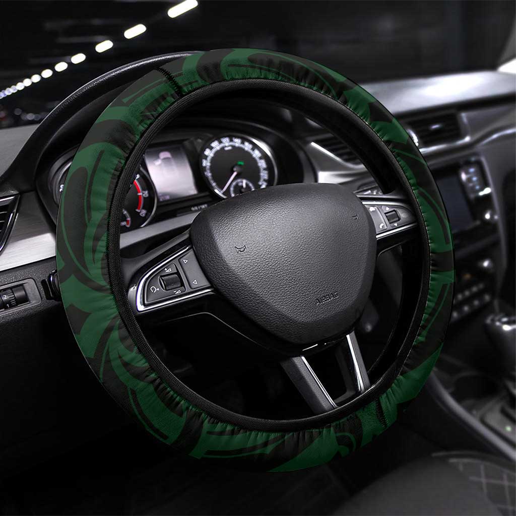 New Zealand Skull Darts Steering Wheel Cover Aotearoa Maori Chest Tattoo Stylized Green - Polynesian Pride