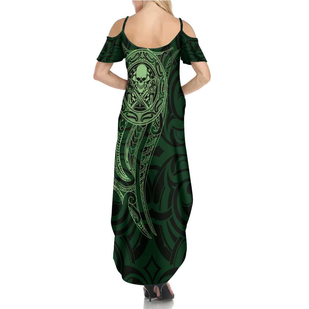 New Zealand Skull Darts Summer Maxi Dress Aotearoa Maori Chest Tattoo Stylized Green - Polynesian Pride
