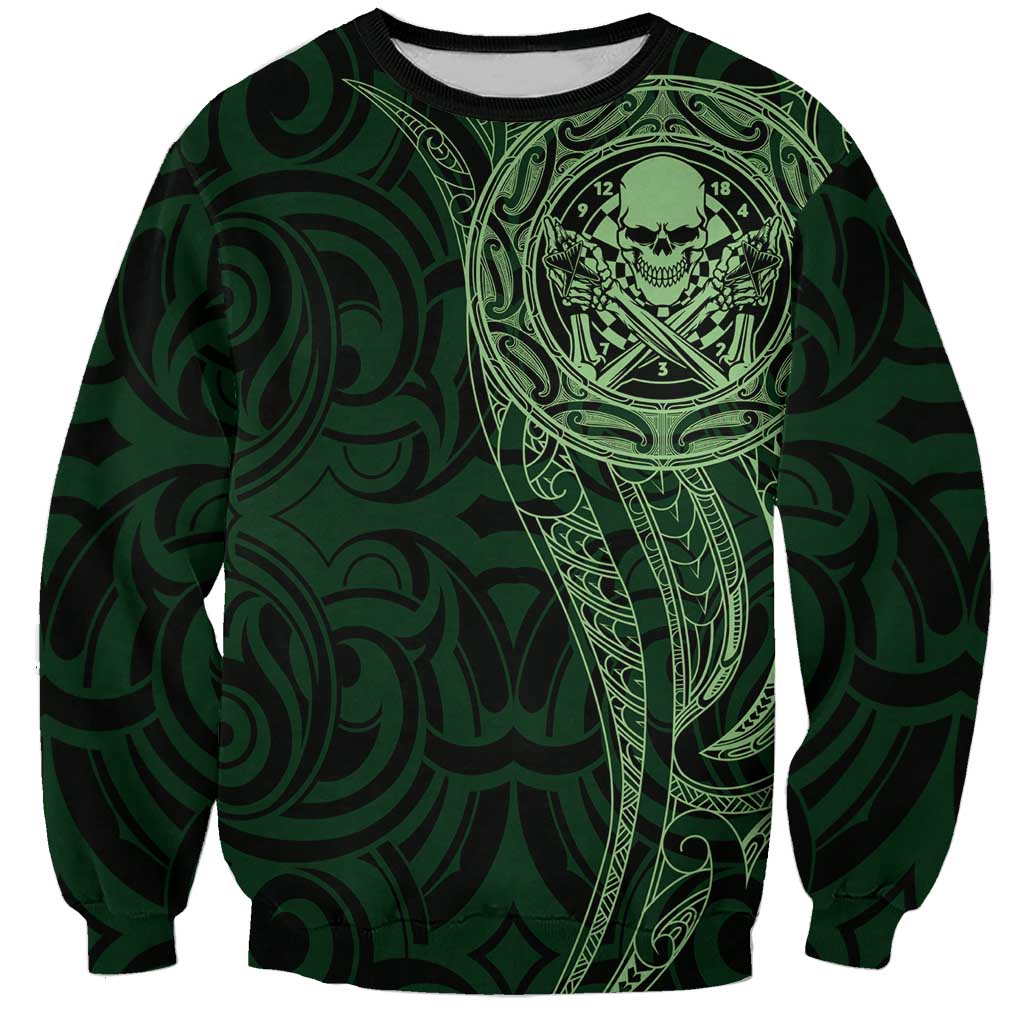 New Zealand Skull Darts Sweatshirt Aotearoa Maori Chest Tattoo Stylized Green - Polynesian Pride
