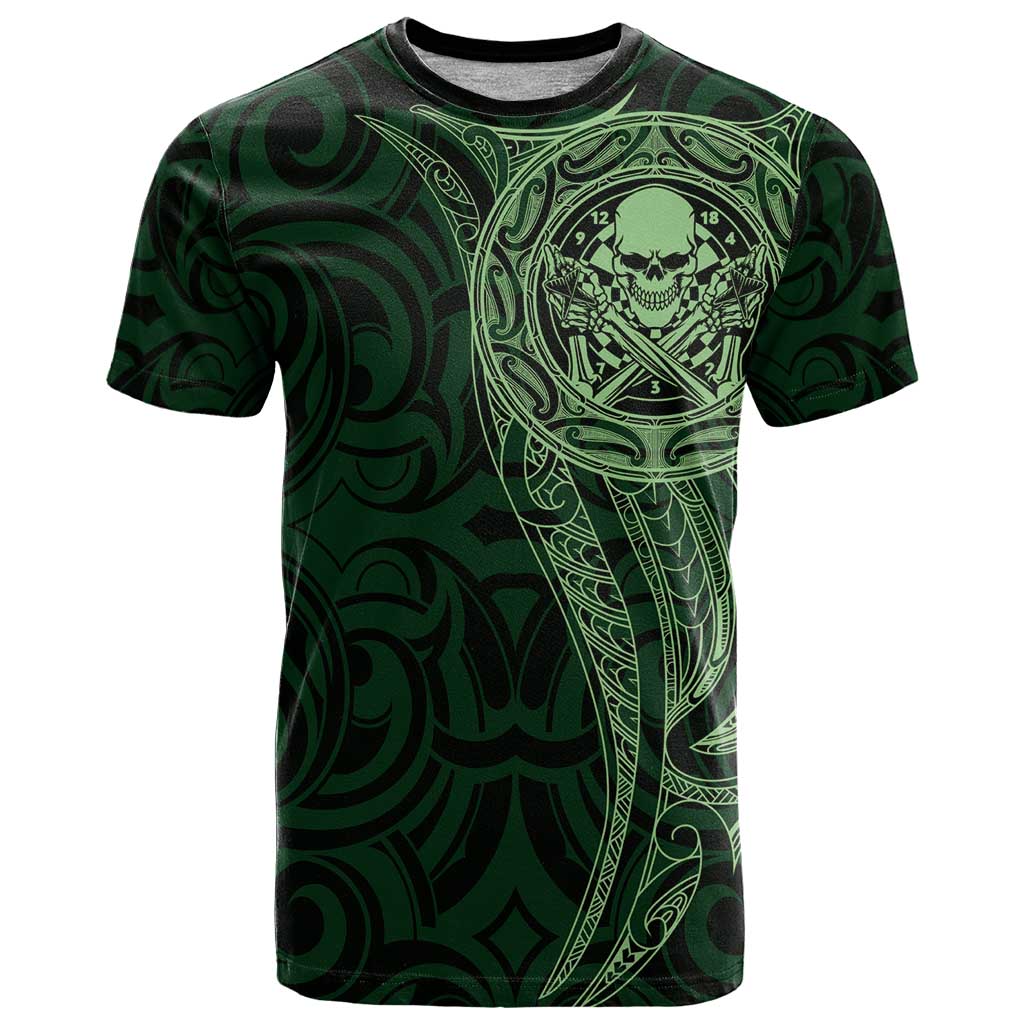 New Zealand Skull Darts T Shirt Aotearoa Maori Chest Tattoo Stylized Green - Polynesian Pride