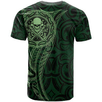 New Zealand Skull Darts T Shirt Aotearoa Maori Chest Tattoo Stylized Green - Polynesian Pride