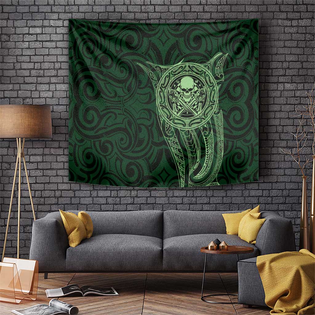 New Zealand Skull Darts Tapestry Aotearoa Maori Chest Tattoo Stylized Green - Polynesian Pride