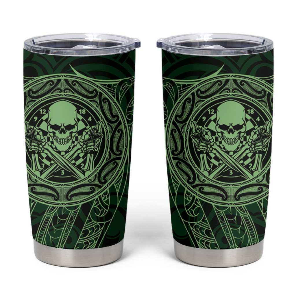 New Zealand Skull Darts Tumbler Cup Aotearoa Maori Chest Tattoo Stylized Green - Polynesian Pride