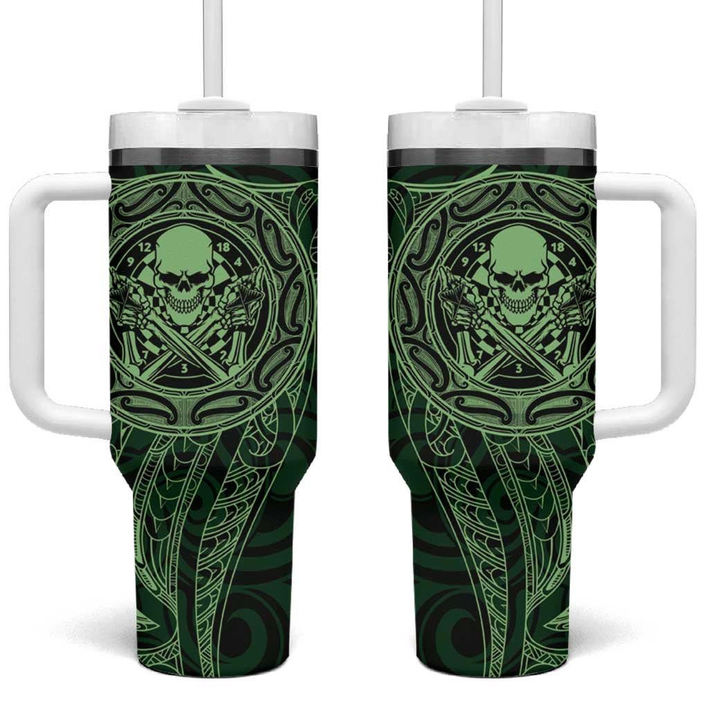 New Zealand Skull Darts Tumbler With Handle Aotearoa Maori Chest Tattoo Stylized Green - Polynesian Pride