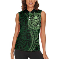 New Zealand Skull Darts Women Sleeveless Polo Shirt Aotearoa Maori Chest Tattoo Stylized Green - Polynesian Pride