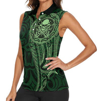 New Zealand Skull Darts Women Sleeveless Polo Shirt Aotearoa Maori Chest Tattoo Stylized Green - Polynesian Pride