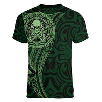 New Zealand Skull Darts Women V-Neck T-Shirt Aotearoa Maori Chest Tattoo Stylized Green - Polynesian Pride