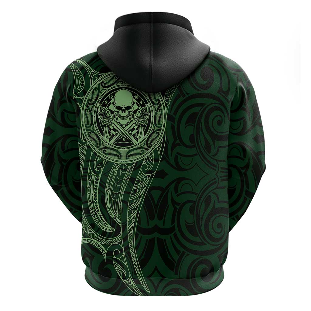 New Zealand Skull Darts Zip Hoodie Aotearoa Maori Chest Tattoo Stylized Green - Polynesian Pride