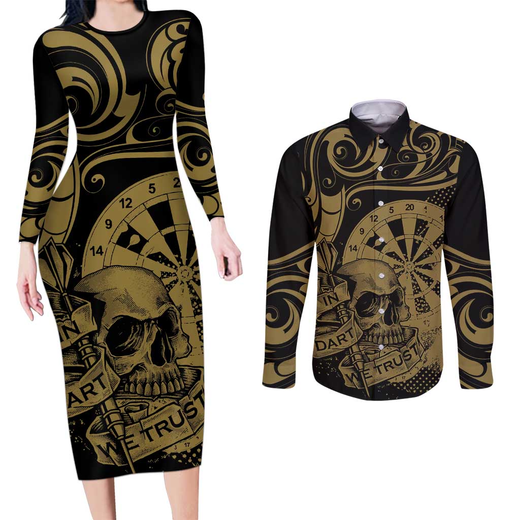 New Zealand Darts Couples Matching Long Sleeve Bodycon Dress and Long Sleeve Button Shirt Skull In Dart We Trust Maori Pattern - Polynesian Pride