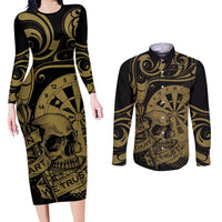 New Zealand Darts Couples Matching Long Sleeve Bodycon Dress and Long Sleeve Button Shirt Skull In Dart We Trust Maori Pattern - Polynesian Pride