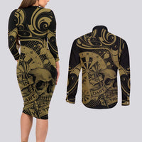 New Zealand Darts Couples Matching Long Sleeve Bodycon Dress and Long Sleeve Button Shirt Skull In Dart We Trust Maori Pattern - Polynesian Pride