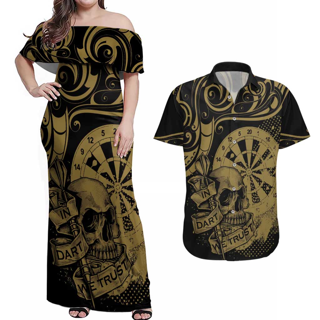 New Zealand Darts Couples Matching Off Shoulder Maxi Dress and Hawaiian Shirt Skull In Dart We Trust Maori Pattern - Polynesian Pride