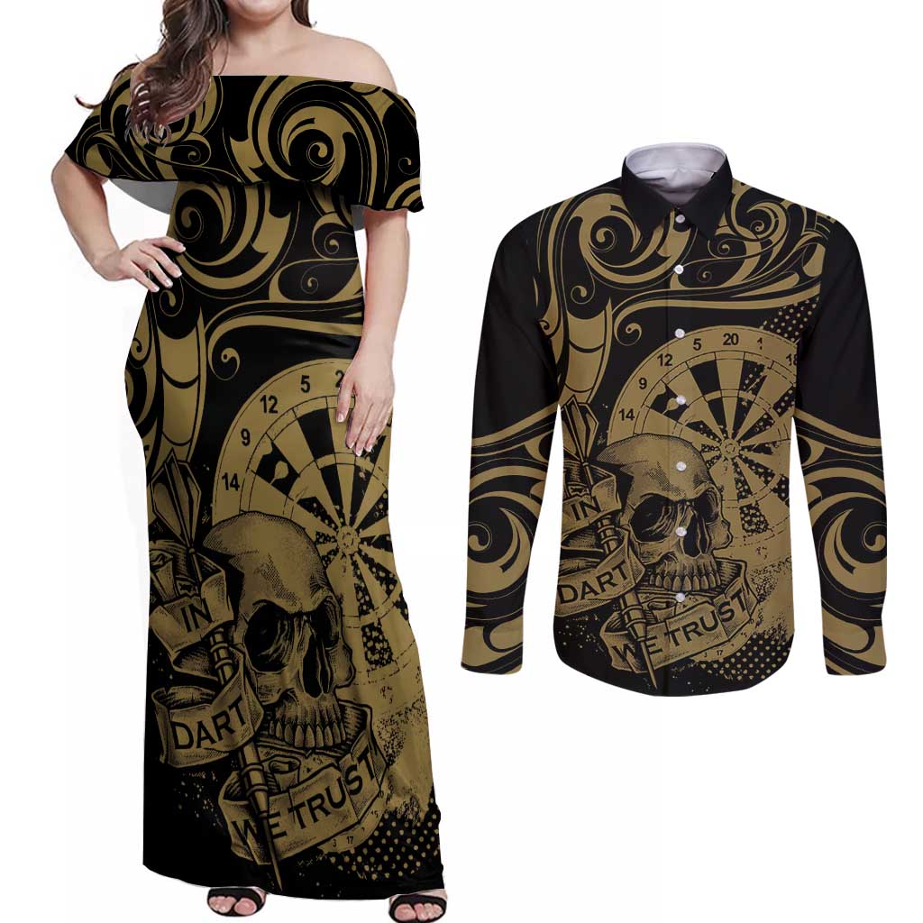 New Zealand Darts Couples Matching Off Shoulder Maxi Dress and Long Sleeve Button Shirt Skull In Dart We Trust Maori Pattern - Polynesian Pride