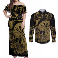 New Zealand Darts Couples Matching Off Shoulder Maxi Dress and Long Sleeve Button Shirt Skull In Dart We Trust Maori Pattern - Polynesian Pride