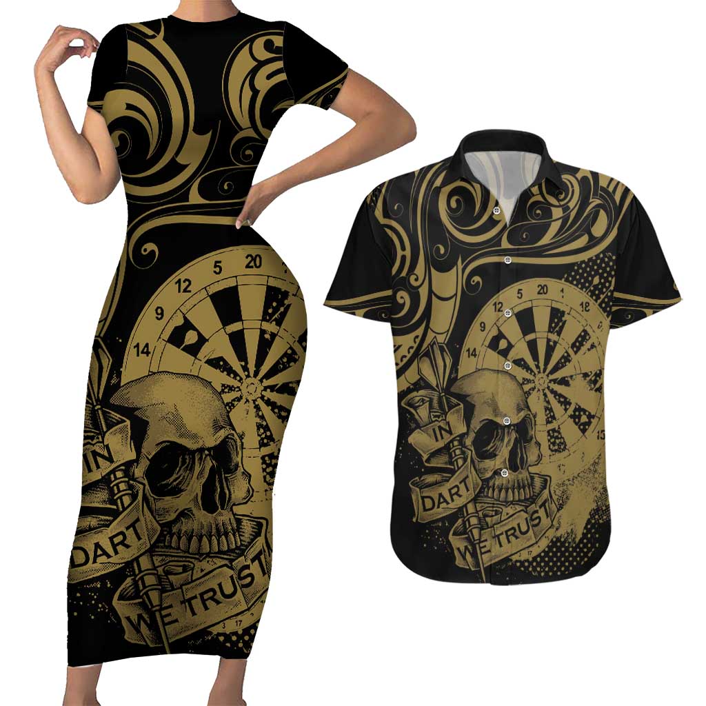 New Zealand Darts Couples Matching Short Sleeve Bodycon Dress and Hawaiian Shirt Skull In Dart We Trust Maori Pattern - Polynesian Pride
